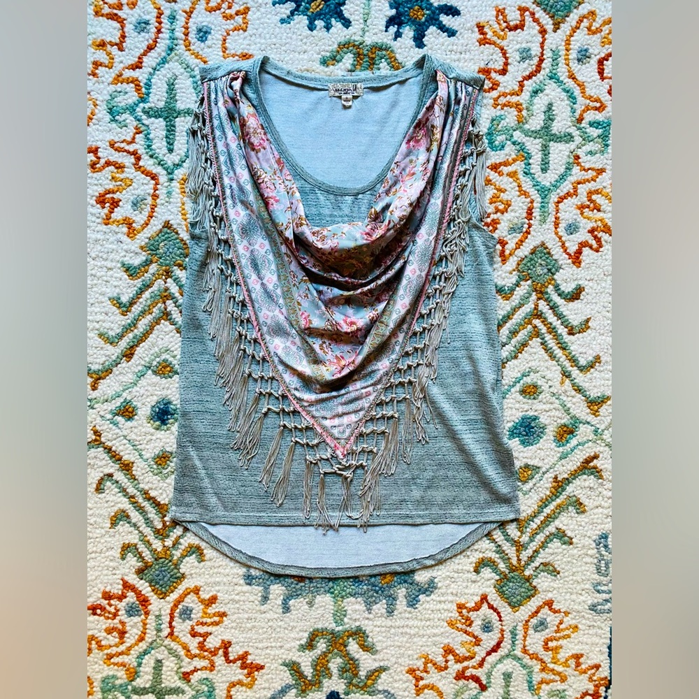 One World Tank top with built in silky boho floral scarf women’s Size small